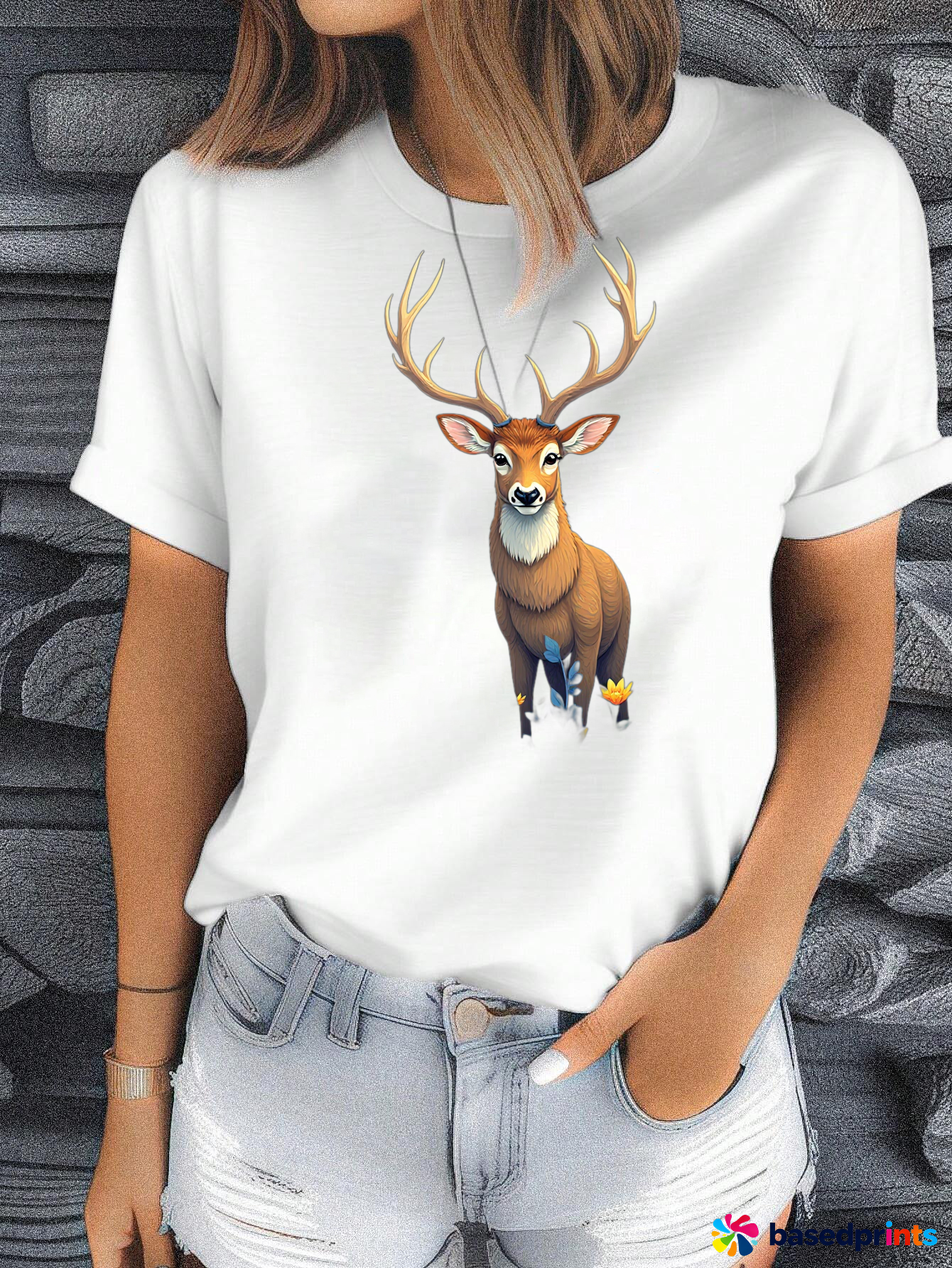 White T-Shirt with Deer Print