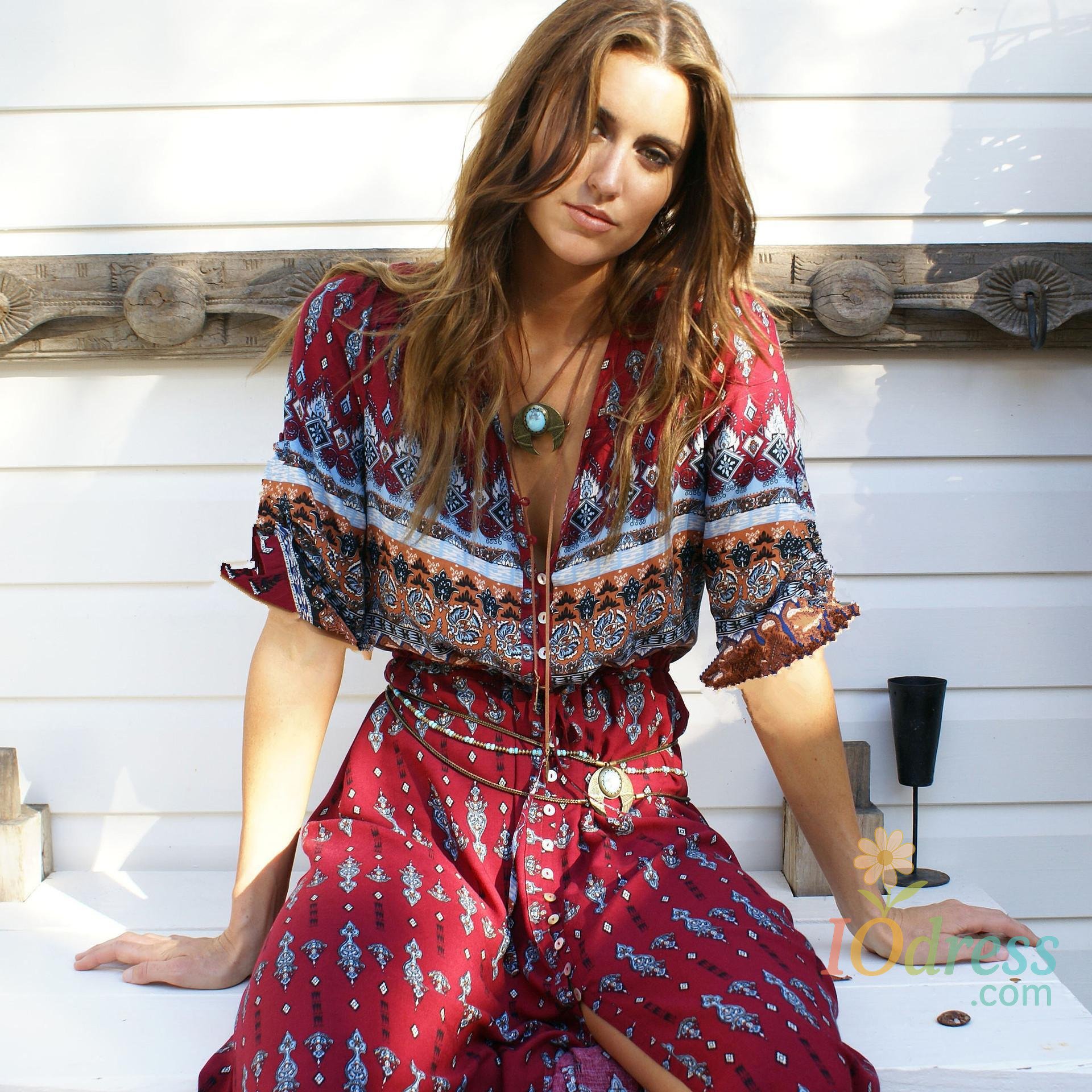 IO Dress Fashion Print Boho Maxi Beach Dress Women 2023 Summer Loose Casual Buttons Bohemian Long Dresses For Women