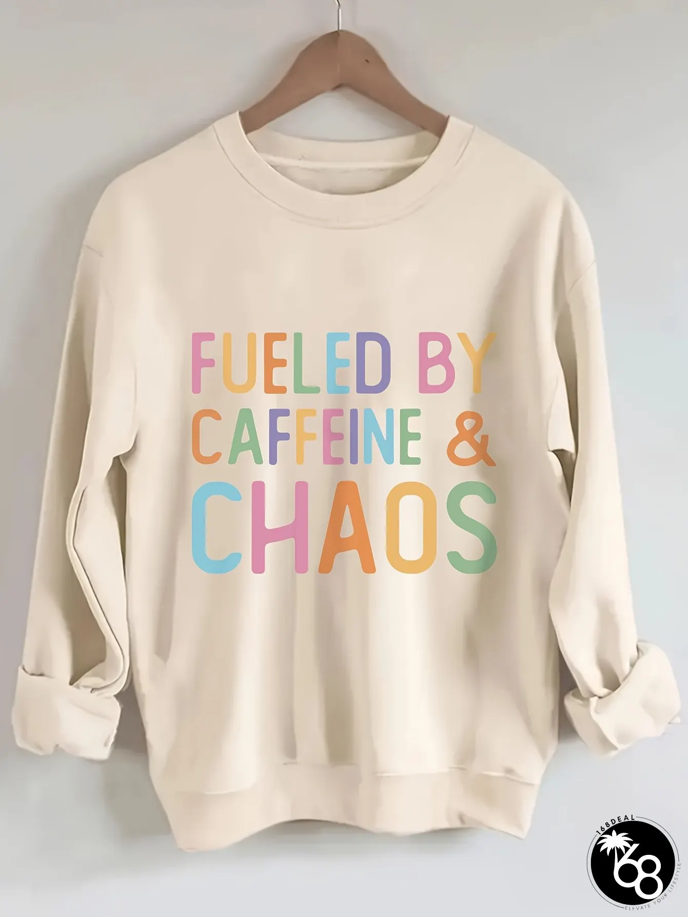 Womens Oversized Fueled Caffeine Chaos Graphic Sweater Soft Beige Round-neck Pullover | 168DEAL