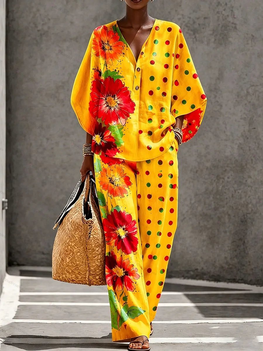 Women’s Floral and Polka Dot Pattern Creative Print Two-Piece Set