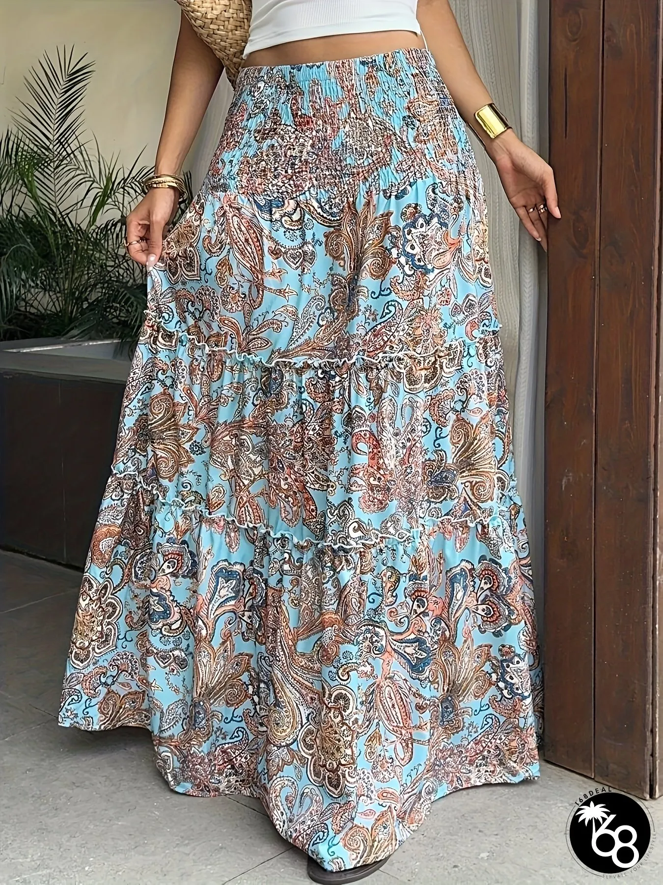 Womens Bohemian Paisley Print Elastic Waist A-Line Maxi Skirt Long Flowy Machine | 168DEAL