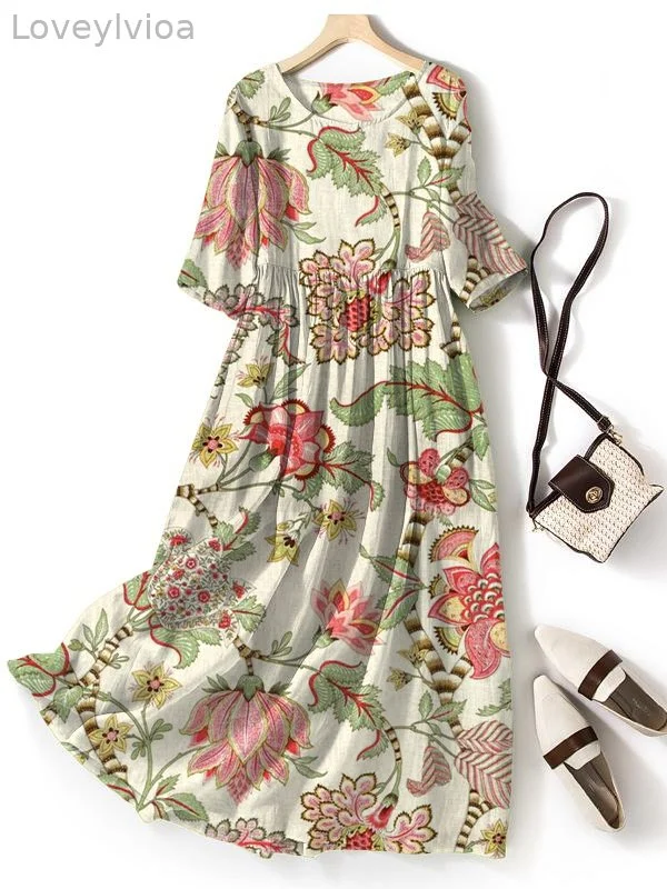 Women's Floral Pattern Art Print Crew Neck Casual Vacation Maxi Dress