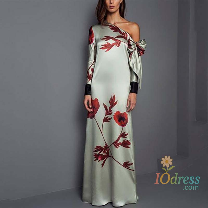 IO Dress Vintage Bow Tie Up Long Sleeved Party Dress Lady Casual Floral Print Robe Dress Elegant Slanted Neck High Waist Straight Dresses