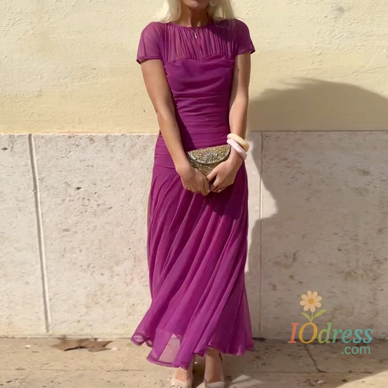 IO Dress Women Summer Round Neck Loungewear Dress, See Through Solid Mesh Patchwork Elegant Maxi Dress, Short Sleeve Casual Ladies Dress