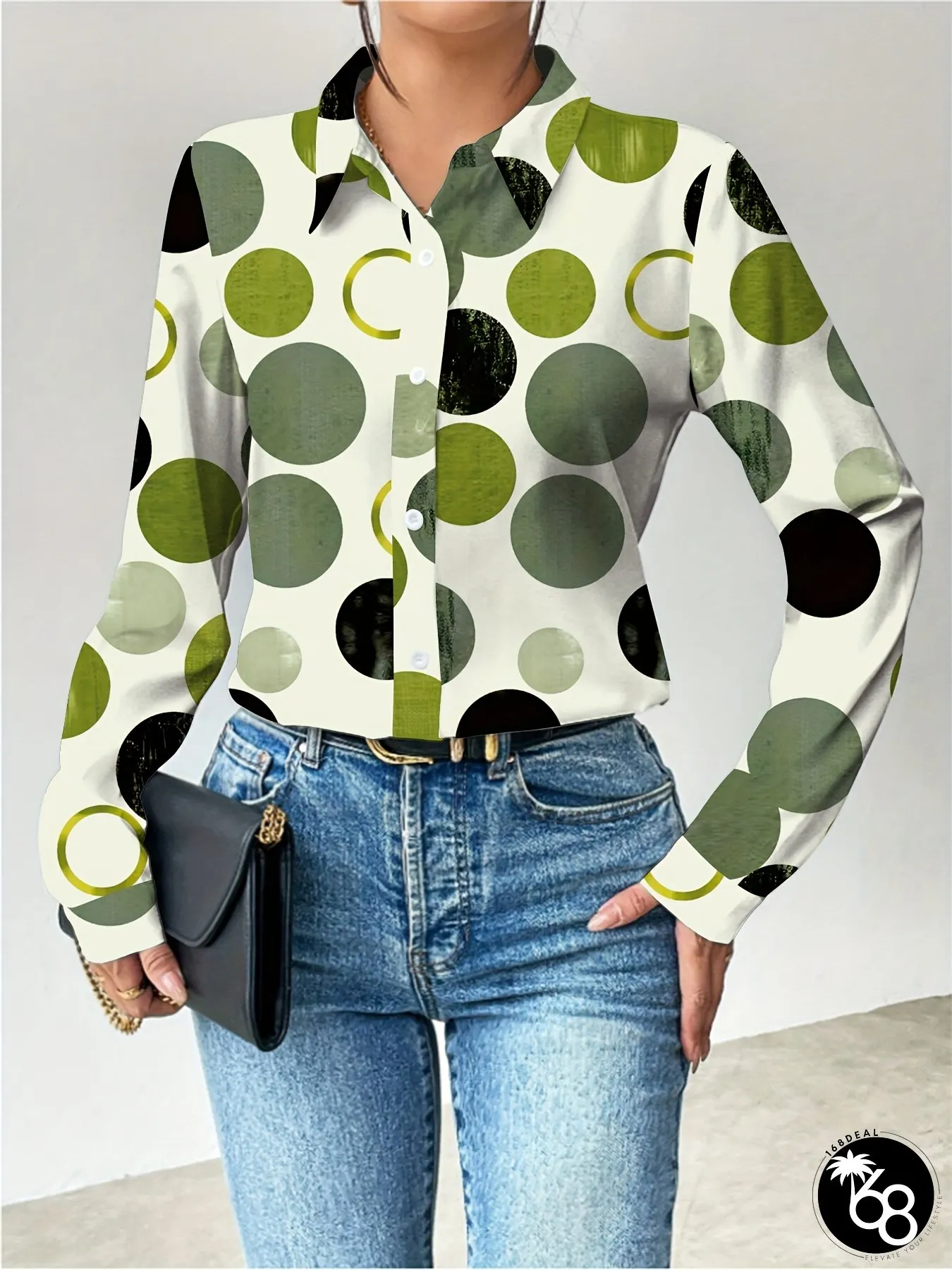 Womens Elegant Blouse Long Sleeve Button-Front Green Black White Beige Office Formal | 168DEAL