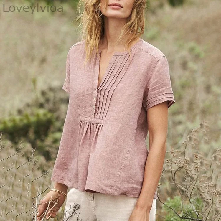 Vintage Pleat V Neck Comfy Cotton Linen Shirt