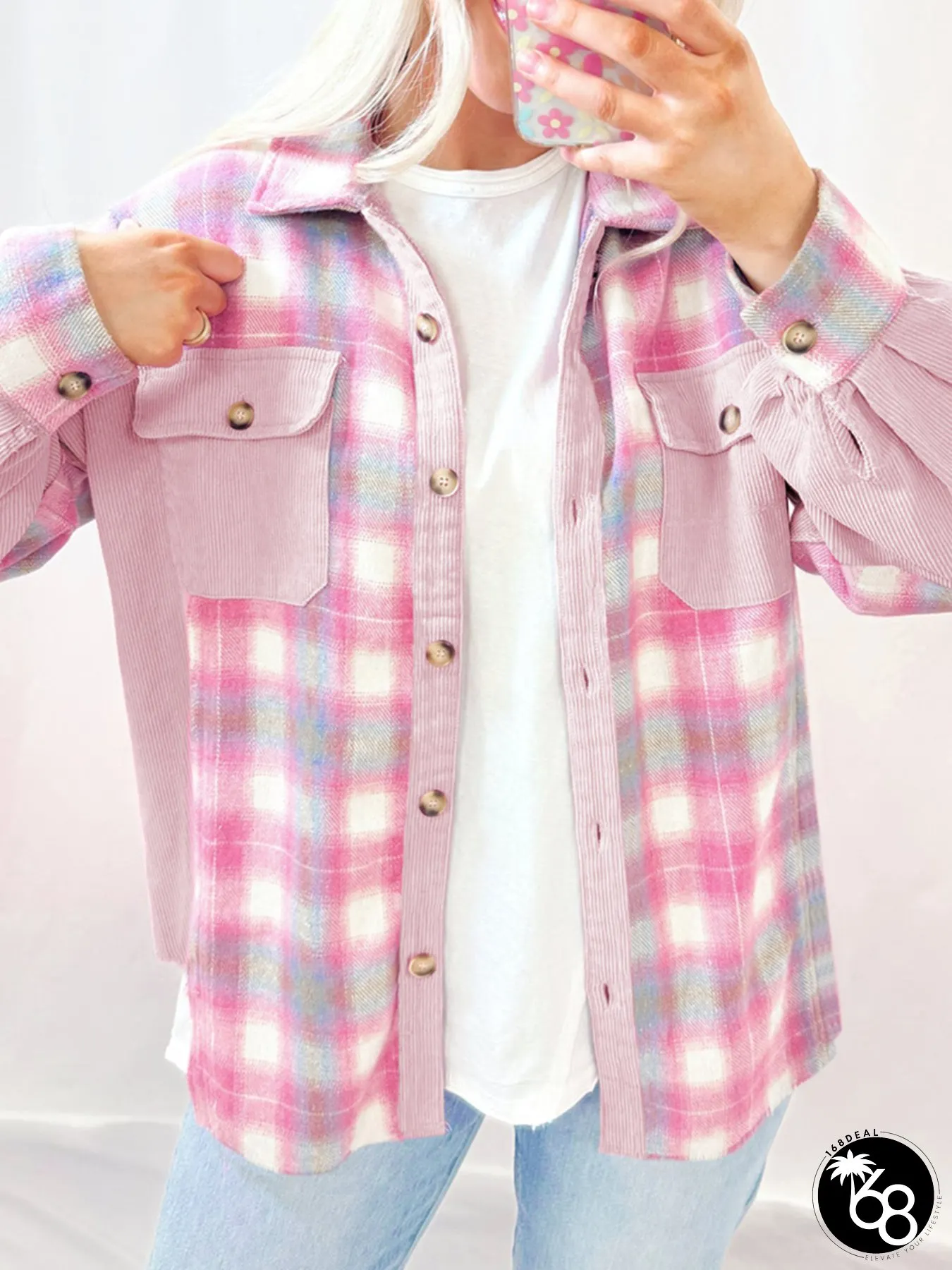 Womens Pink Corduroy Shacket Jacket with Brushed Plaid Collar Cozy Patchwork Coat Flap | 168DEAL