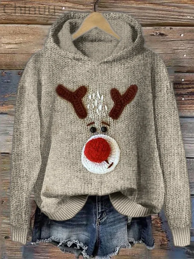 Women's Lovely Christmas Reindeer Cozy Knit Hoodie