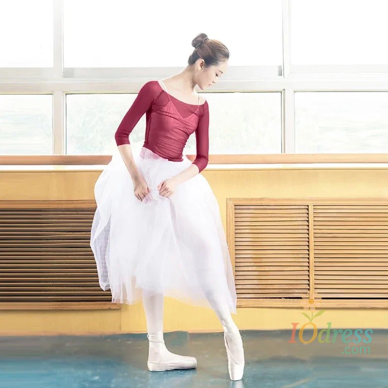 IO Dress Classical Clothes Gauze Adult Practice 3/4 Long Sleeve Ballet Mesh Top Dance Costumes