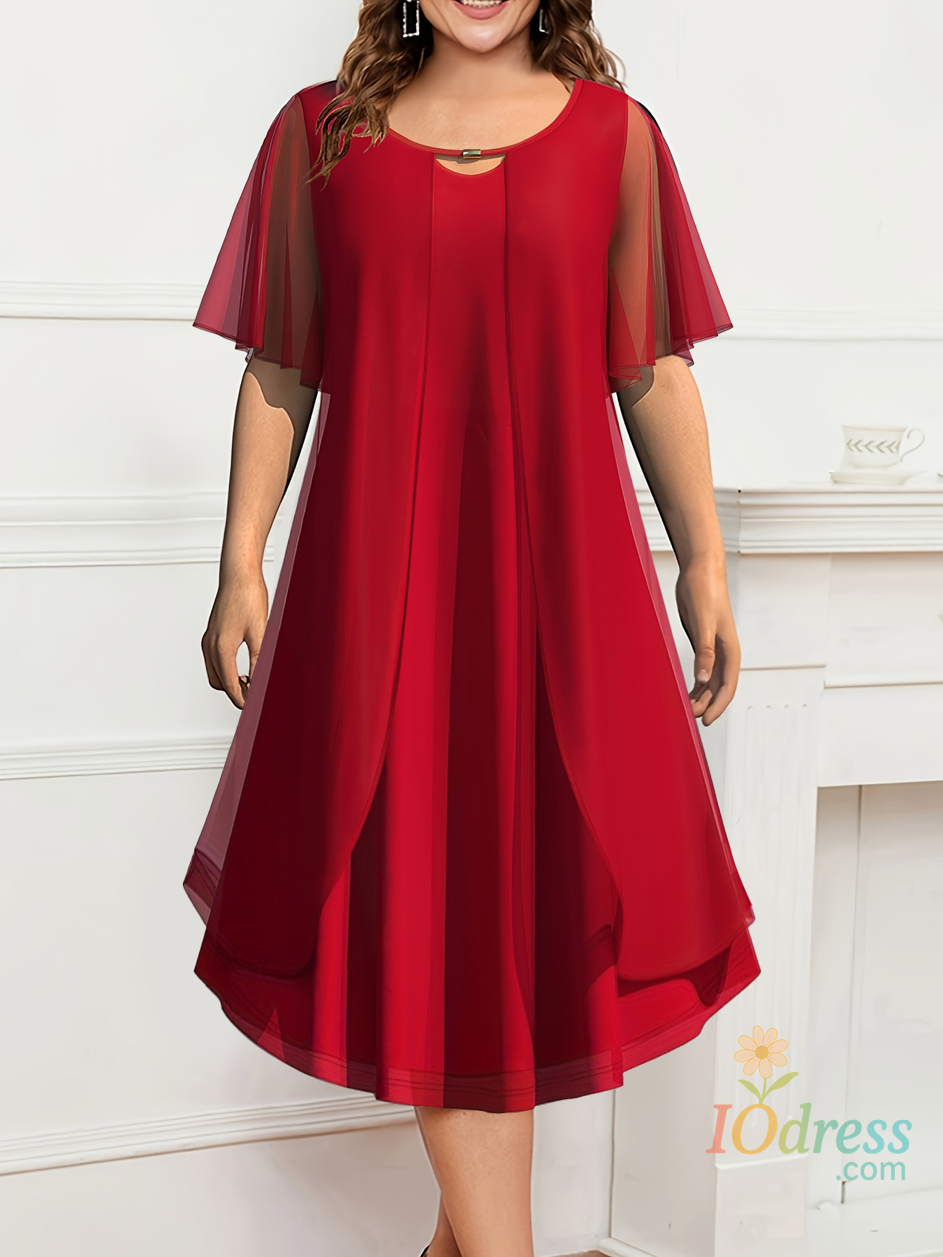 IO Dress Plus Size Summer Women Dress Mesh Chiffon Tired Solid Elegant Casual A-Line Short Sleeve Midi Dress Fashion Office Lady Dresses