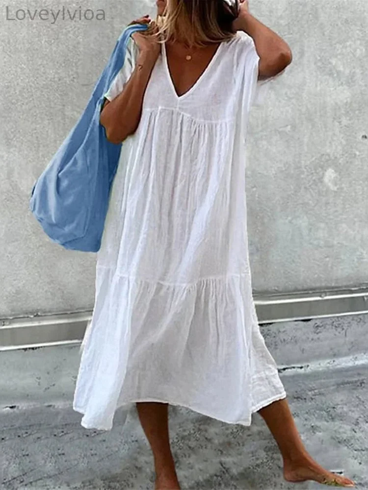 Solid Color V Neck Short Sleeve Midi Dress