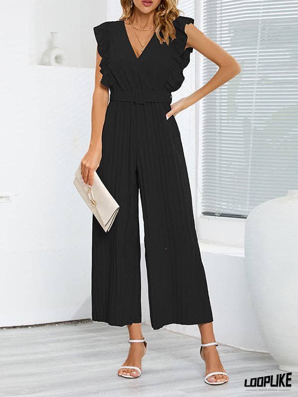 Solid Ruffle Trim V Neck Fit Jumpsuit