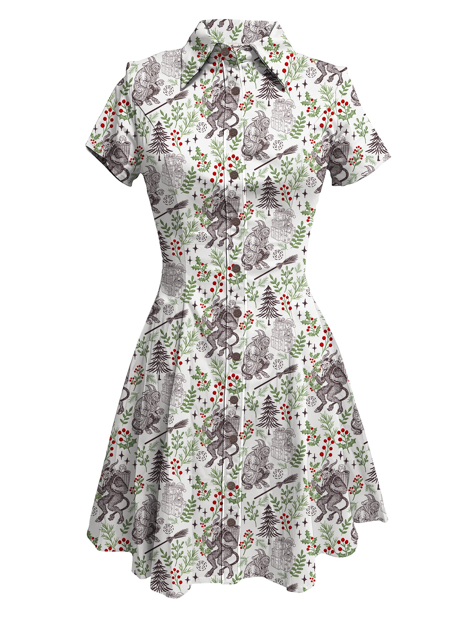 Anne Thumann X BoozeleleChristmas Krampus Print Women's Western Cowboy  Dress Short Sleeve Buttondown 100% Cotton