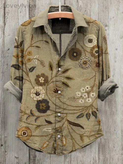 Women's Retro Floral Art Print Long Sleeve Cotton And Linen Shirt