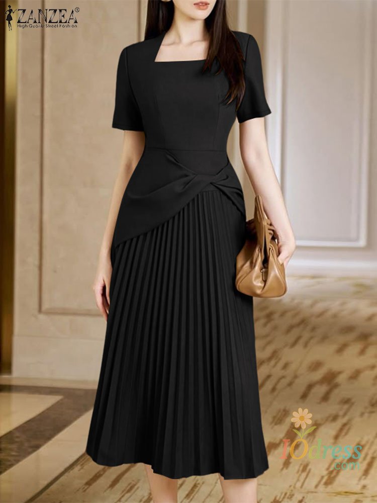 IO Dress Shop Elegant Office Work Dresses 2025 Women Summer Dress Square Neck Party Sundress Fashion Short Sleeve Pleated Vestidos Robe