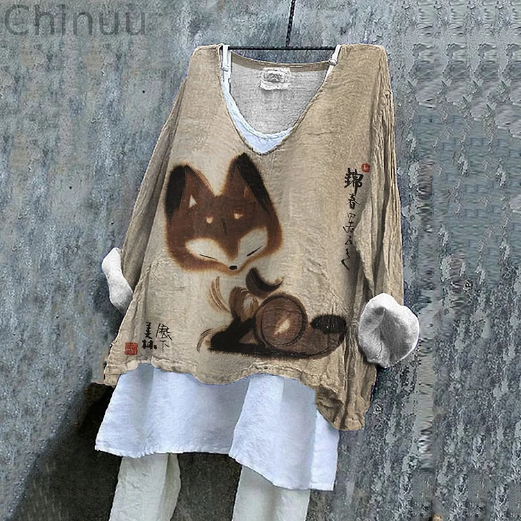 Women's Vintage Fox Art Cozy Linen Blend Tunic