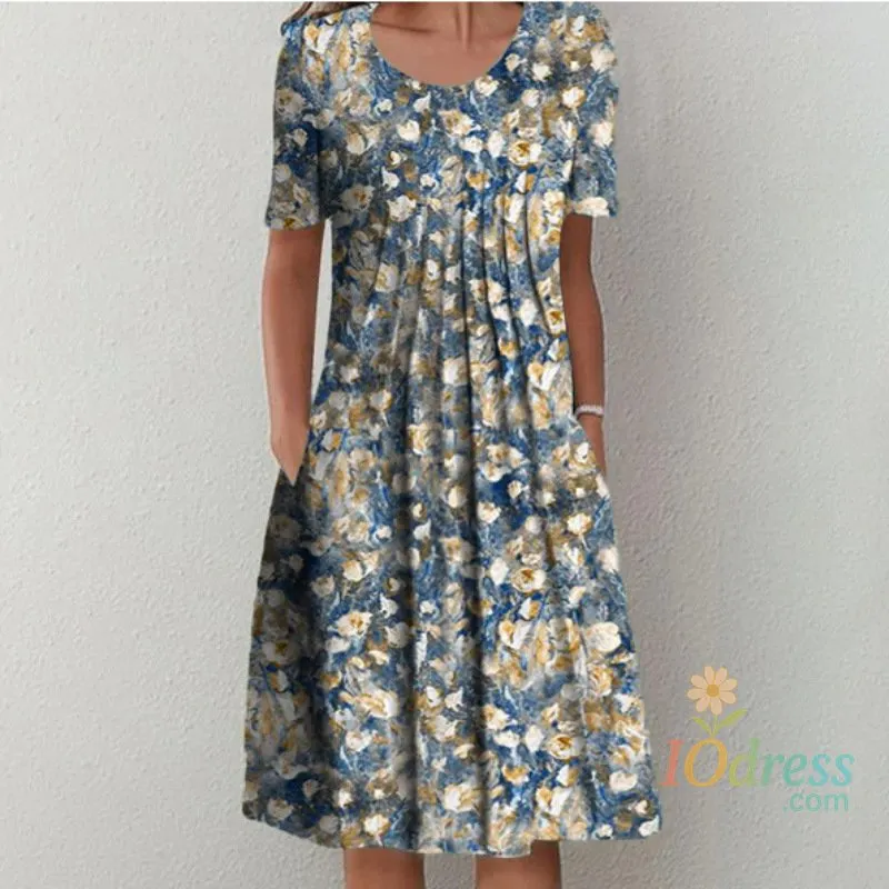 IO dress Spring Summer Women's Dresses Folds Elegant Casual Loose Round Neck Vestidos New Floral Printing Short-sleeved Dress For Female IO Dress