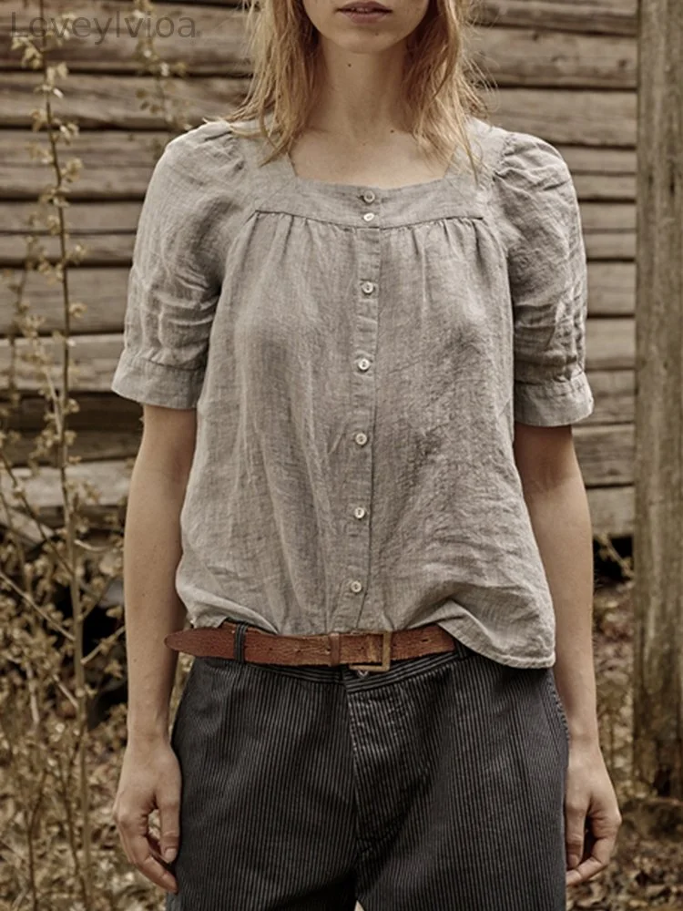 Vintage Square Collar Short Sleeve Linen Cotton Blouse