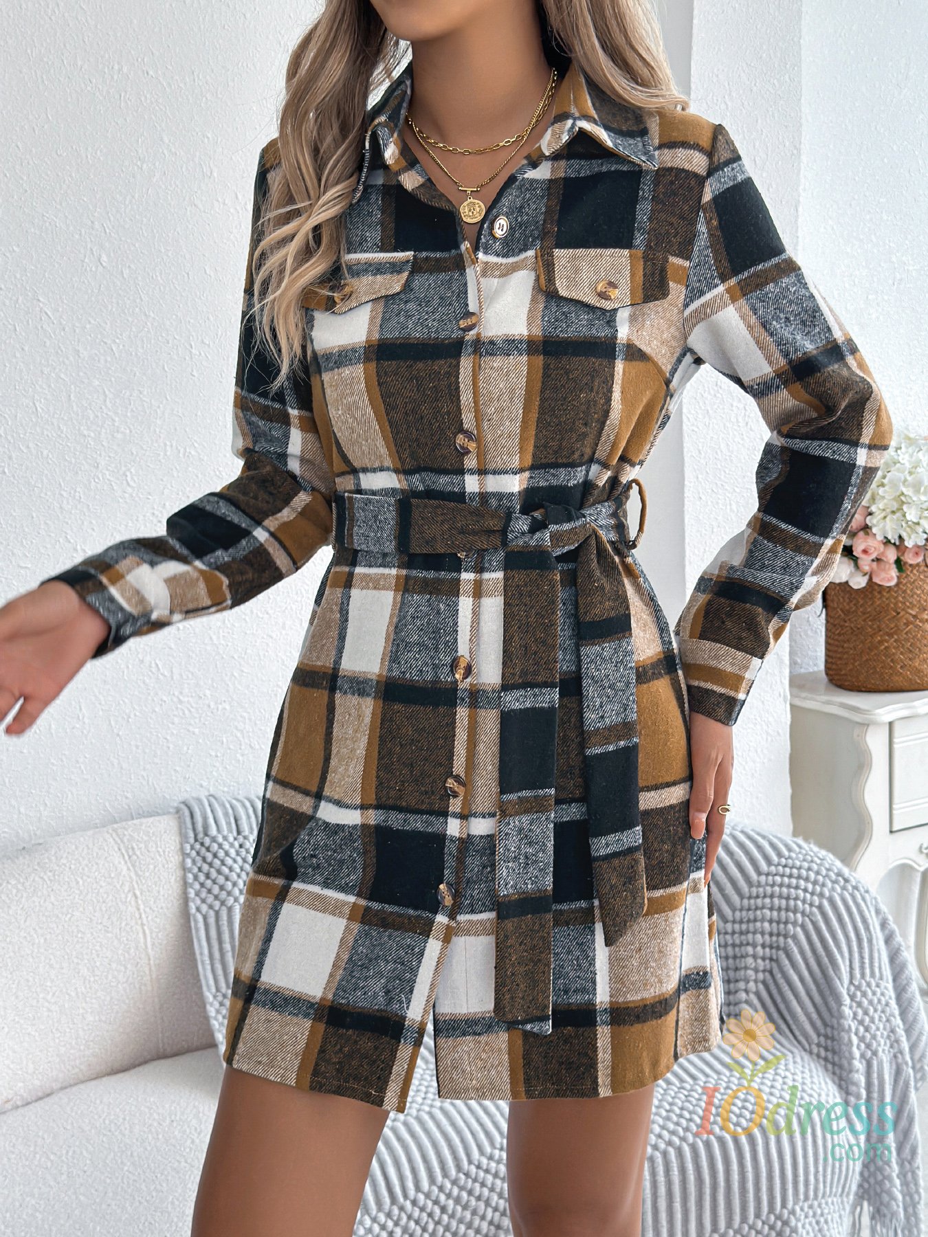 IO Dress Autumn Winter Color Block Plaid Single Breasted Women Dress 2025 Long Sleeved Fake Pocket Jacket Dress with Belt