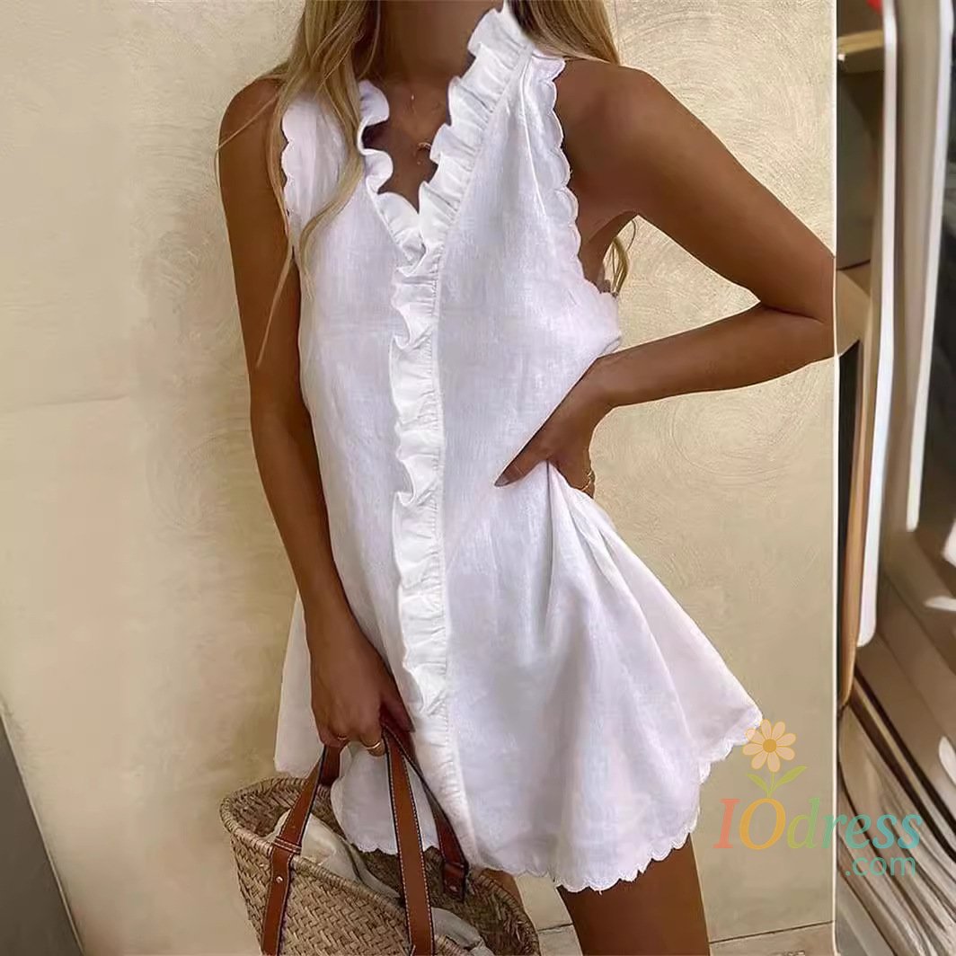 IO Dress New Women Casual Cotton And Linen White Dress Summer V Neck Ruffles Sleeveless Elegant Boho Beach Party Mini Dresses Female Robe