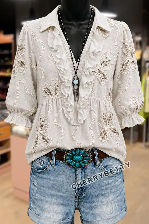 Sequin Flower Embroidered V-Neck Half Sleeve Blouse