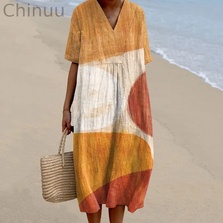 Vintage Color Block Geometric Pattern Women'S Dress