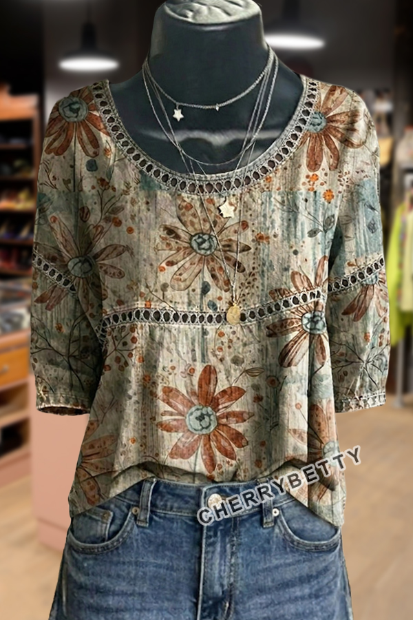 Vintage Floral Print Hollow Out Top