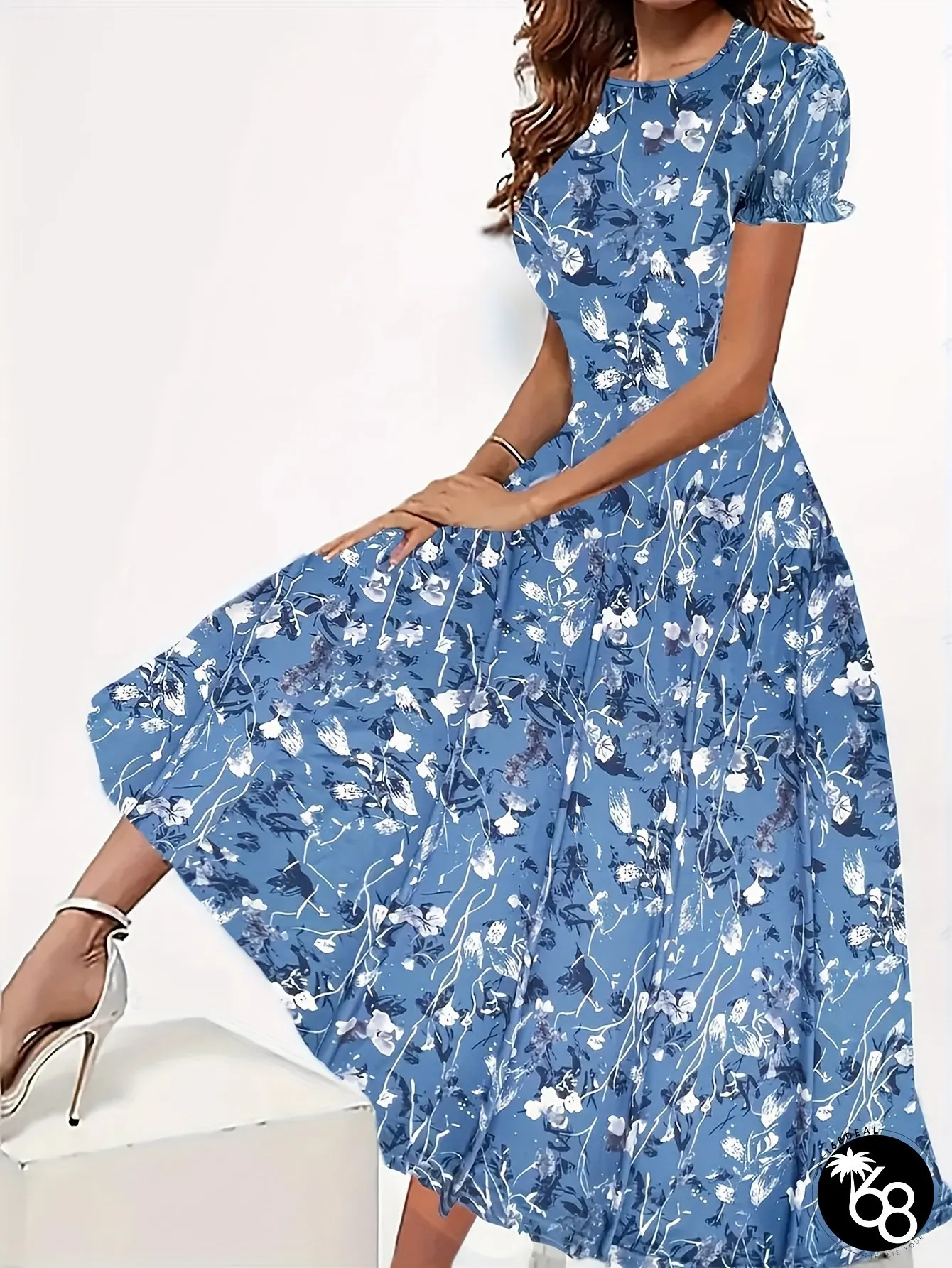 Womens Elegant Floral Print A-Line Dress Short Sleeve Round-neck Drawstring Waist Perfect | 168DEAL