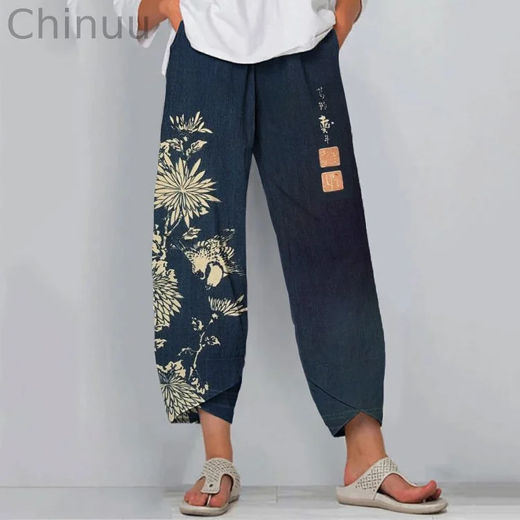 Vintage Chrysanthemum Print Casual Pants