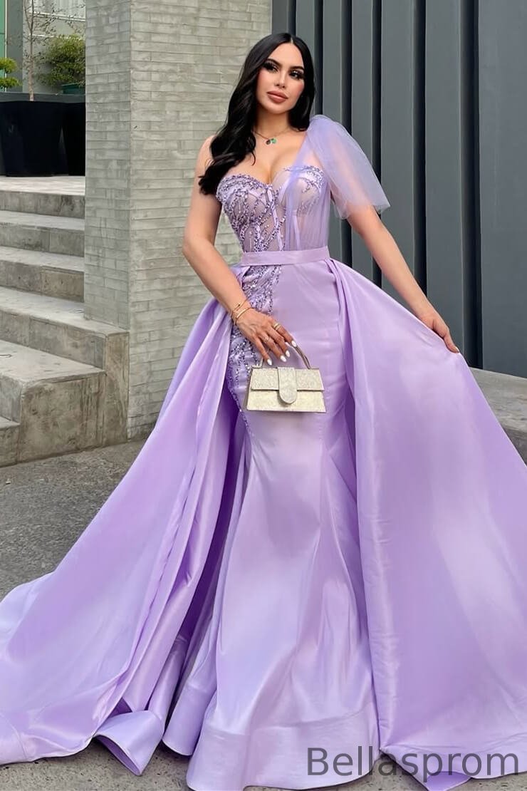 Bellasprom Lilac One Shoulder Mermaid Prom Dress Beadings With Detachable  Overskirt