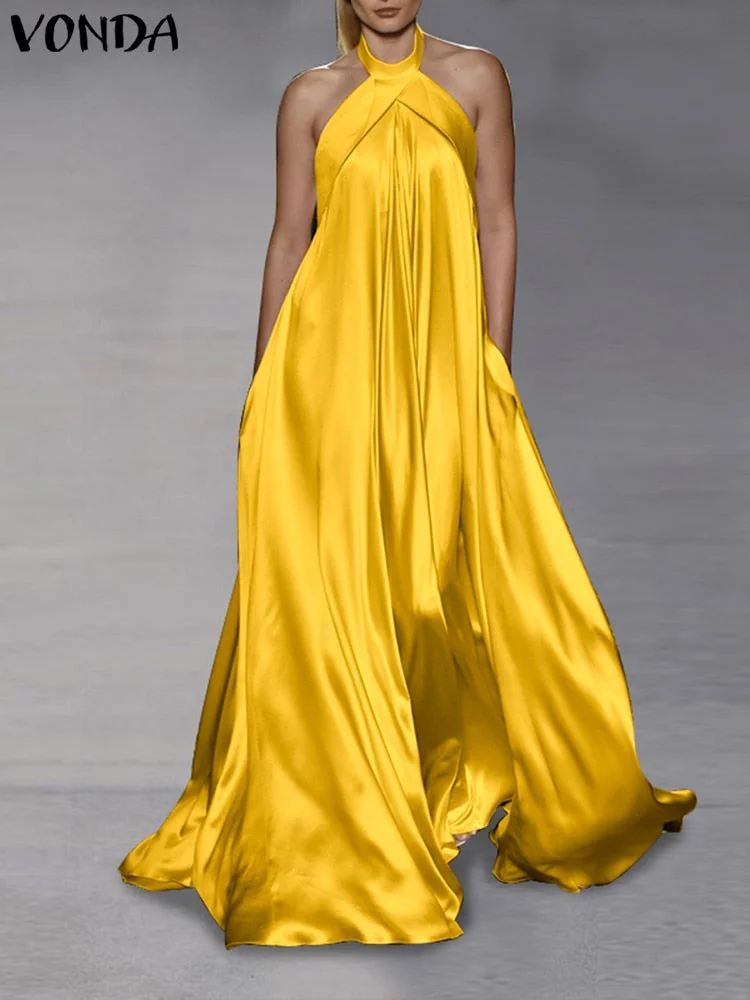 VONDA 2022 Summer Halter Party Dress Women Sexy Backless Sleeveless Off Shoulder Maxi Sundress Casual Solid Satin Silk Vestidos