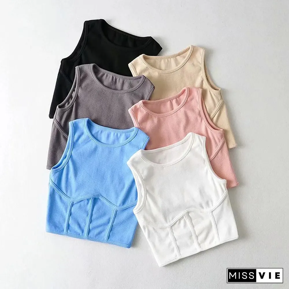 Summer Womens Streetwear Corset Crop Top Elastic Cotton Sleeveless O-Neck Solid Sexy Tank