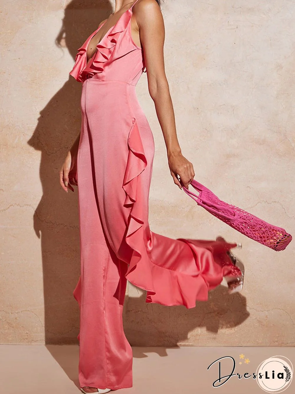 Women'S Jumpsuits Deep V Neck Open Back Ruffle Jumpsuit