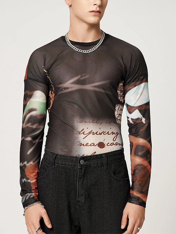 Aonga - Mens Sheer Mesh Letter Print Skinny T-Shirt