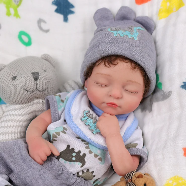 Babeside Mira 12'' Vollsilikon realistische wiedergeborene Babypuppe Junge schlafender süßer Dinosaurier