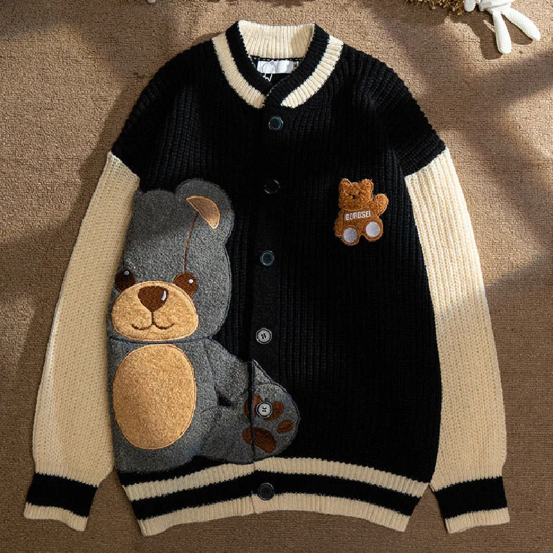 Oversized Cardigans Women Fashion Embroidery Sweater 2021 Autumn Winter Kawaii Bear Warm Knitted Couples Loose Casual Sweaters