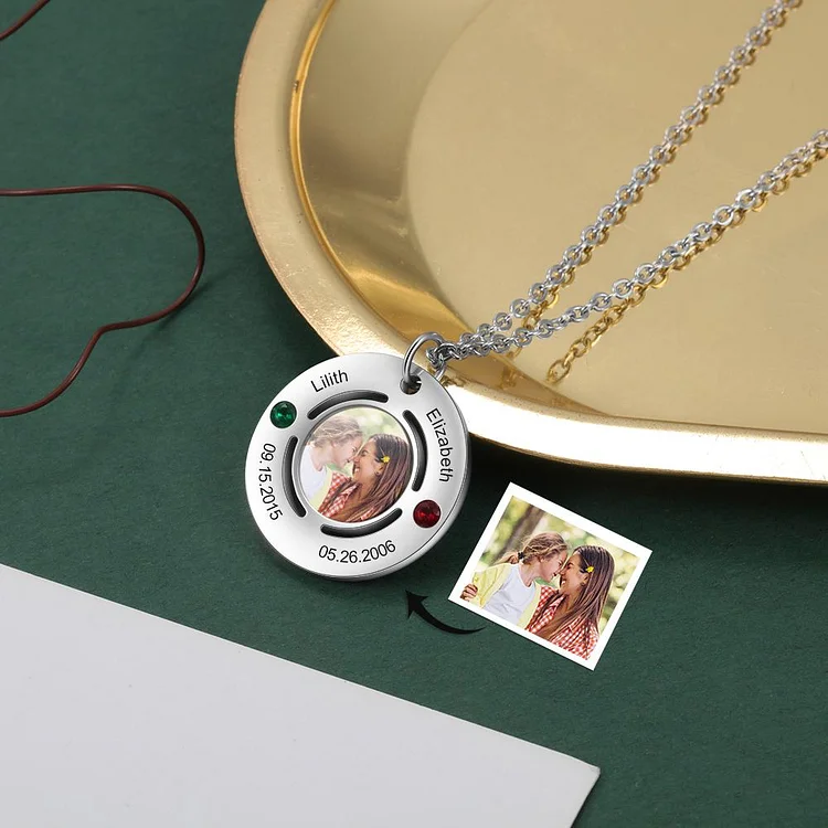 Personalized Photo Necklace With 2 Birthstones Engraved 2 Names