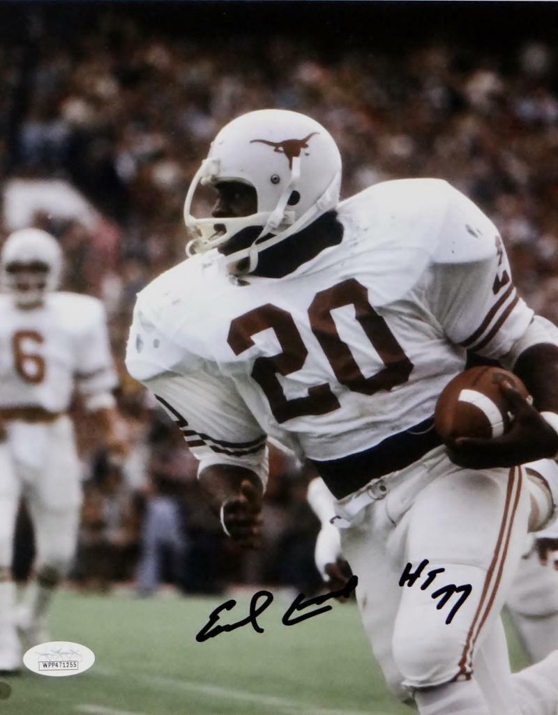 Earl Campbell Signed Texas Longhorns 8x10 White Jersey Photo Poster painting w/HT 77- JSA W Auth