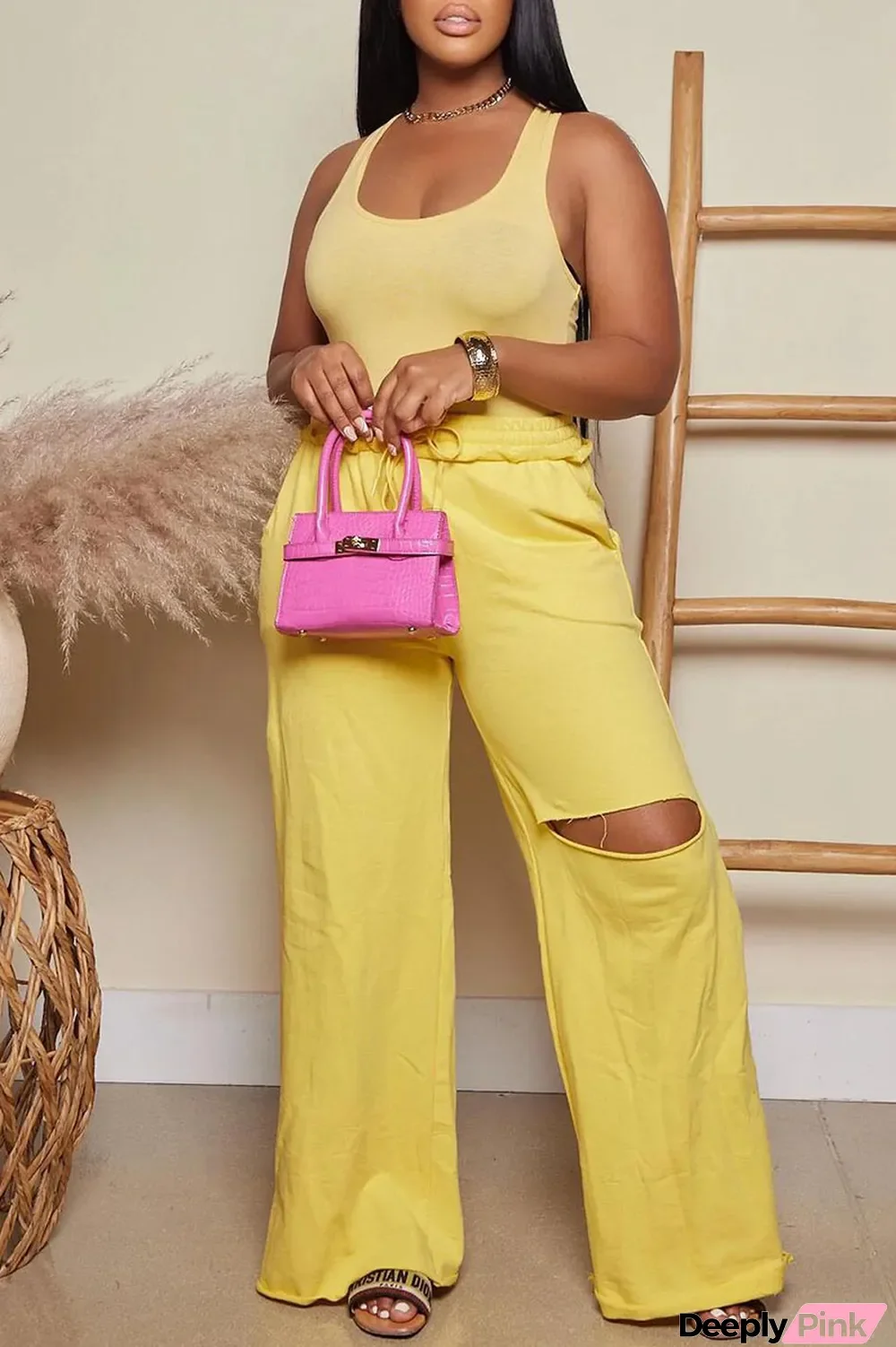 Yellow Casual Solid Ripped Patchwork U Neck Sleeveless Two Pieces