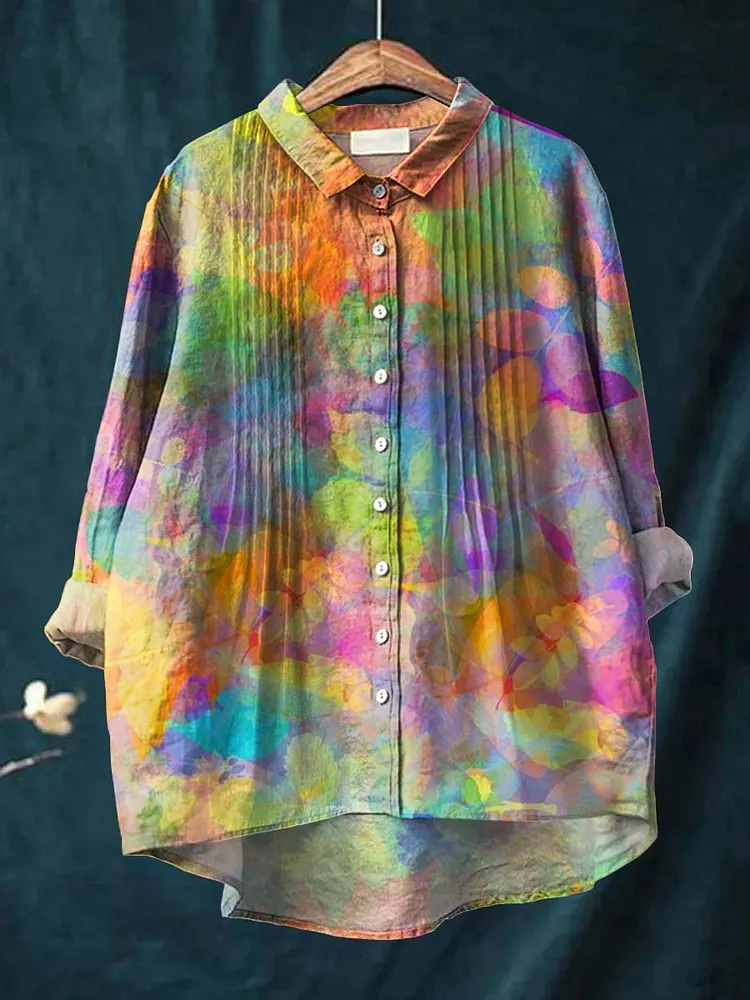 Women's Colorful Artistic Leaves Print Casual Cotton And Linen Ruffle Shirt