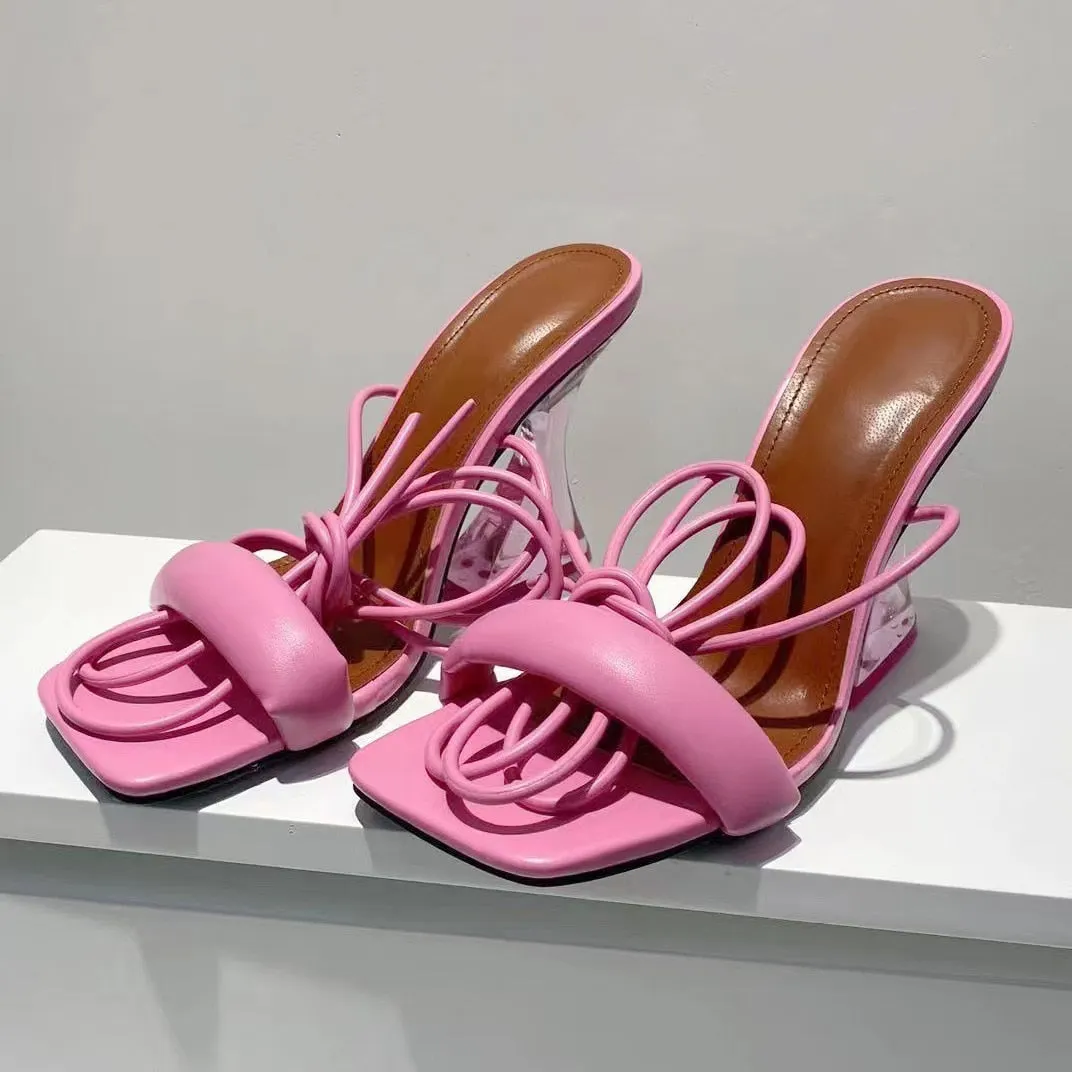  Women Sandals High Heeled Ankle Strap Transparent Heel Square Toe Lace Up Sexy Summer New High Heel Sandals