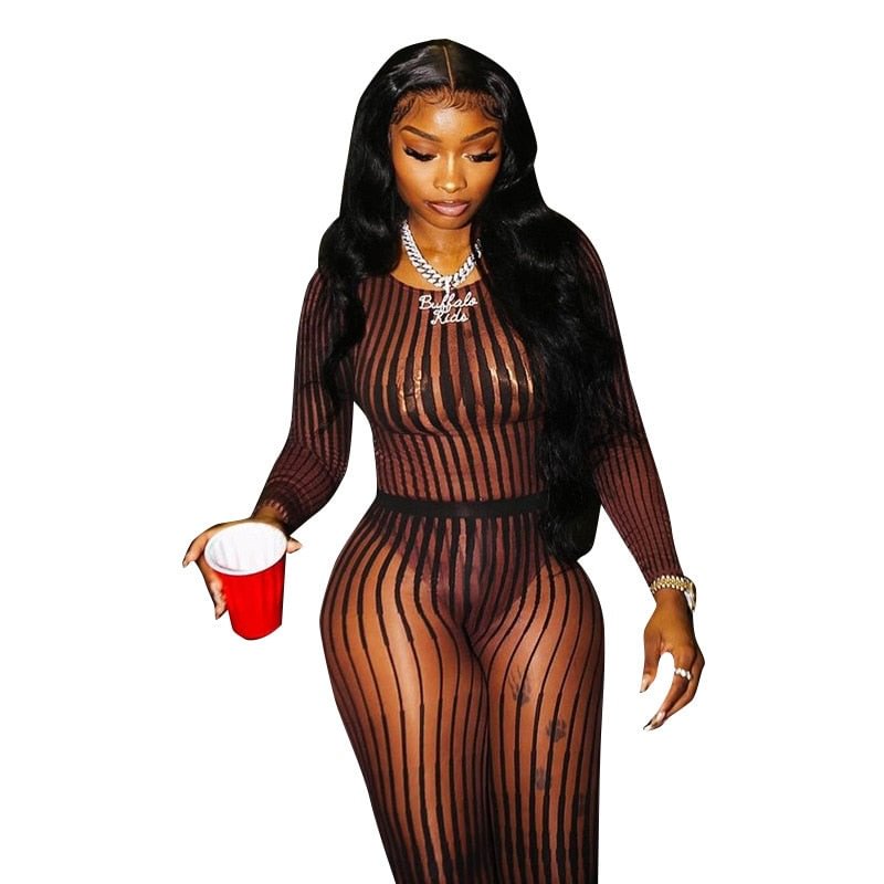 ANJAMANOR Striped Mesh Sheer Two Piece Set Bodysuit Leggings Club Wear Sexy Clothes for Women Winter Outfits 2021 D85-CB17