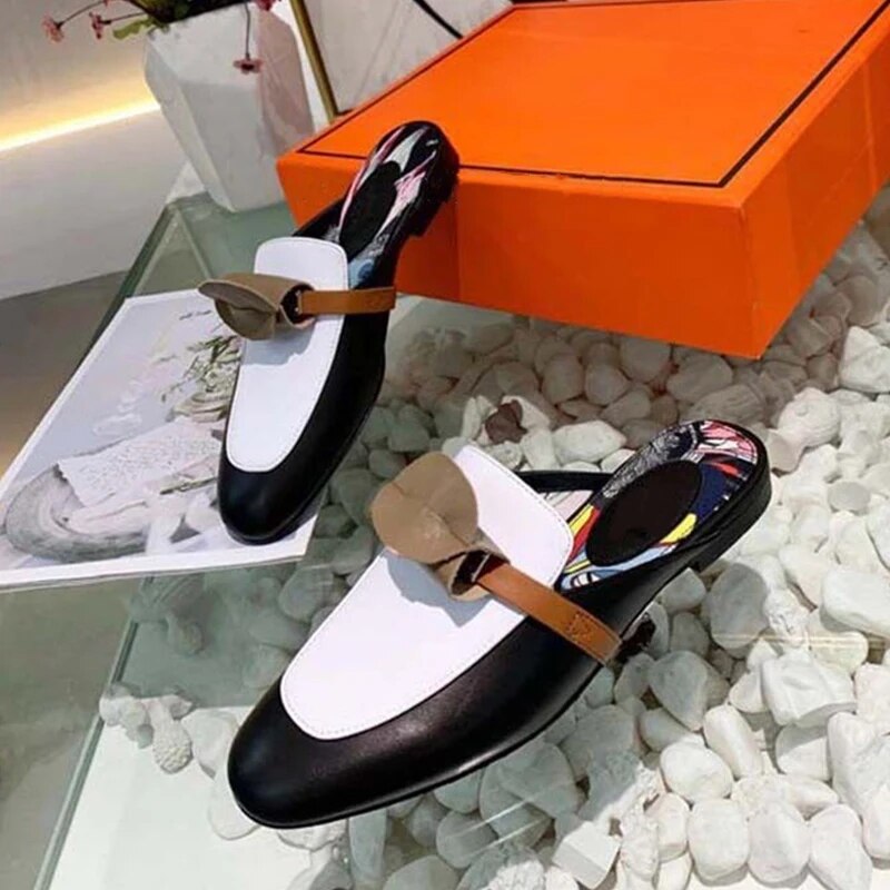 VCSHOES Mixed Color Metal Buckle Flat Slippers Woman Closed Toe Round Toe Slingback Sandal Leisure Shoes For Women