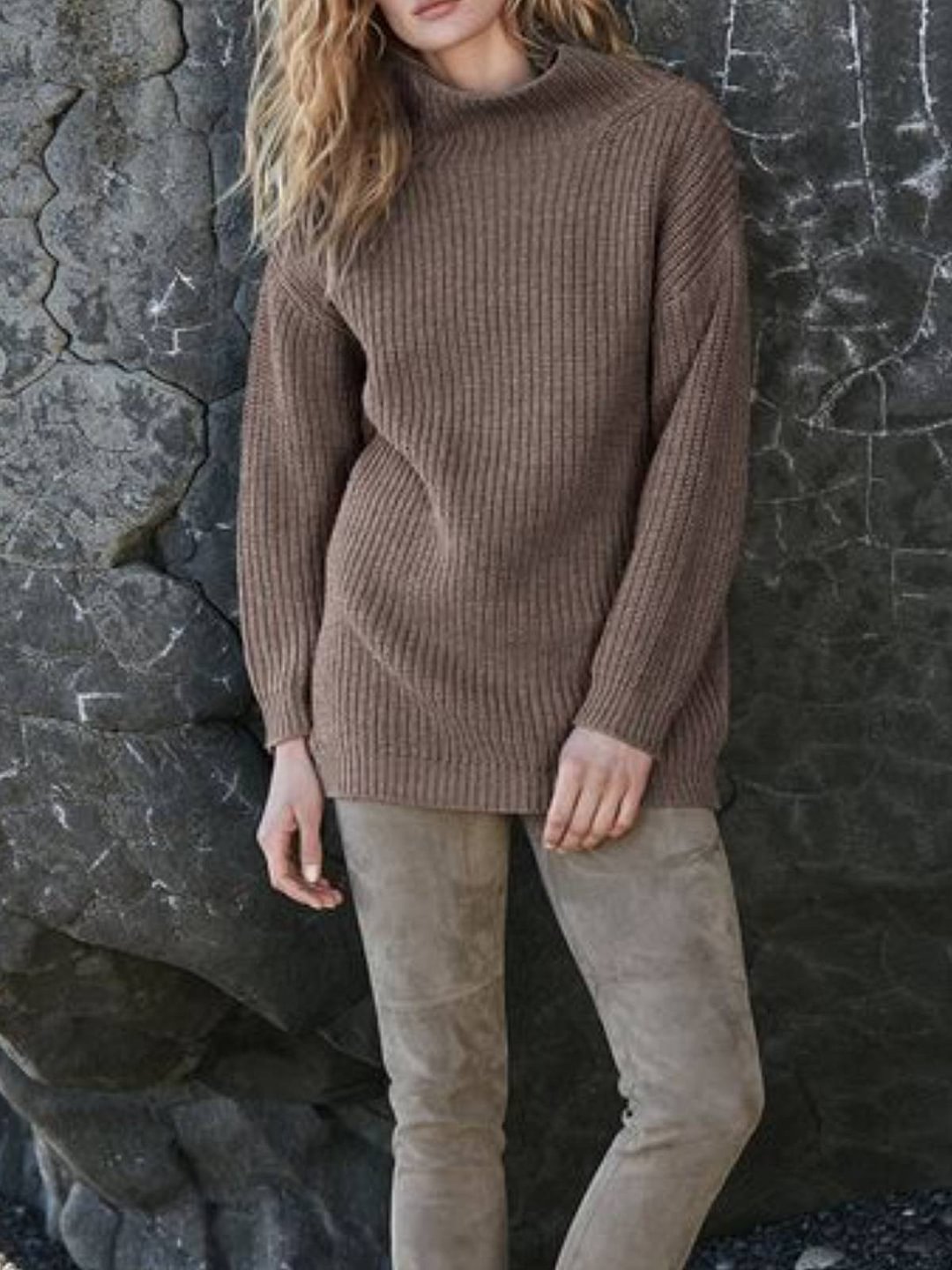 Brown Plain Shift Long Sleeve Sweater | EGEMISS