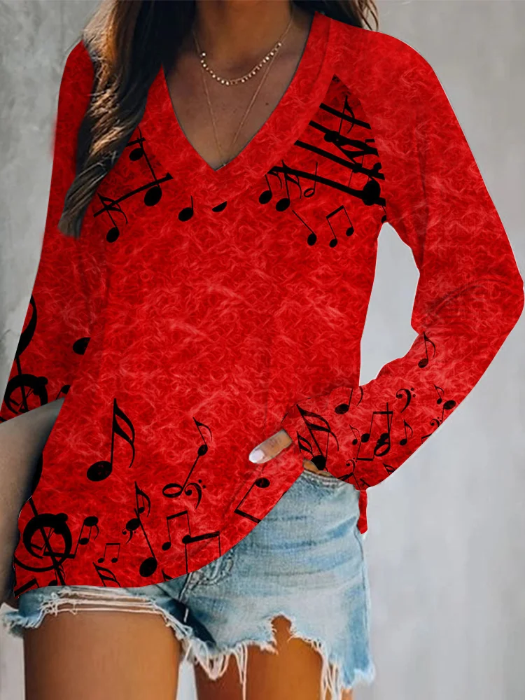 Musical Notes Inspired V Neck Long Sleeve T Shirt