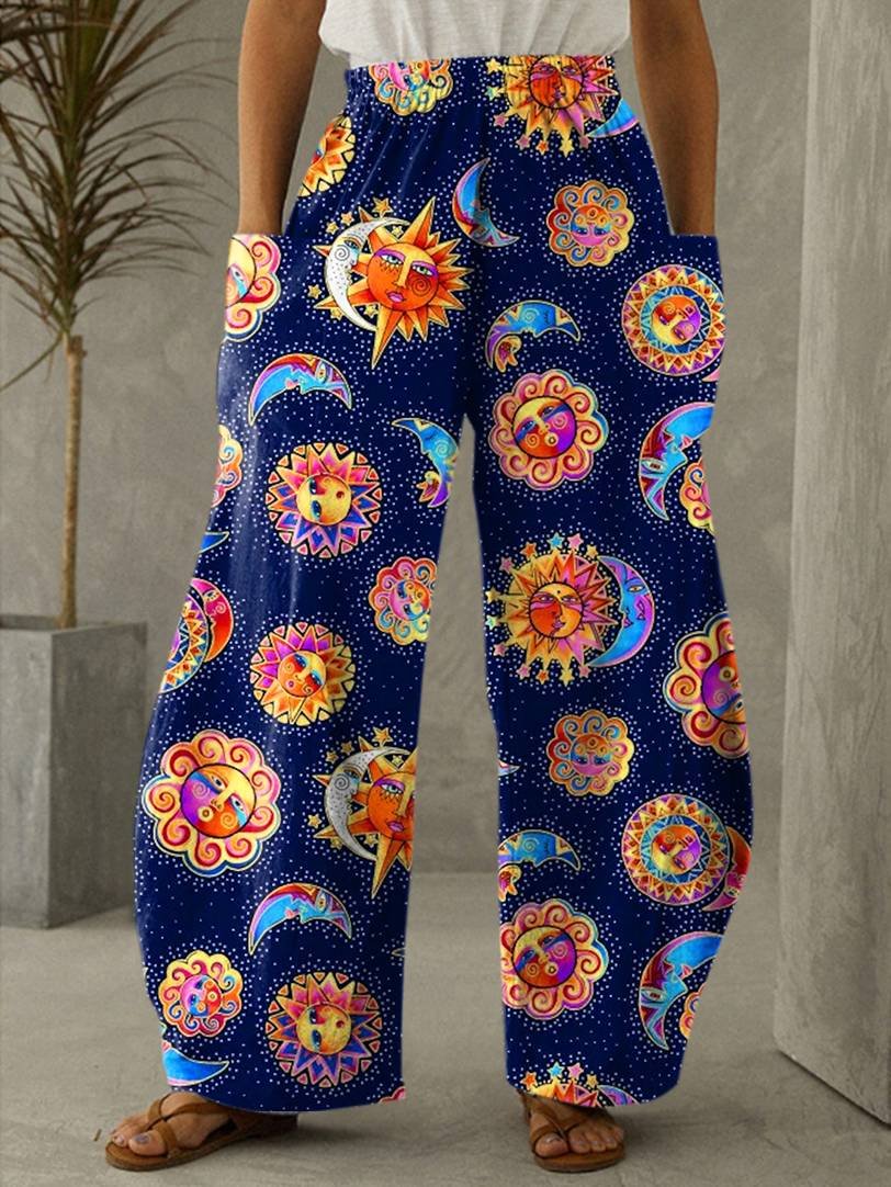 Sun And Moon Mystical Print Vintage Casual Loose Pants
