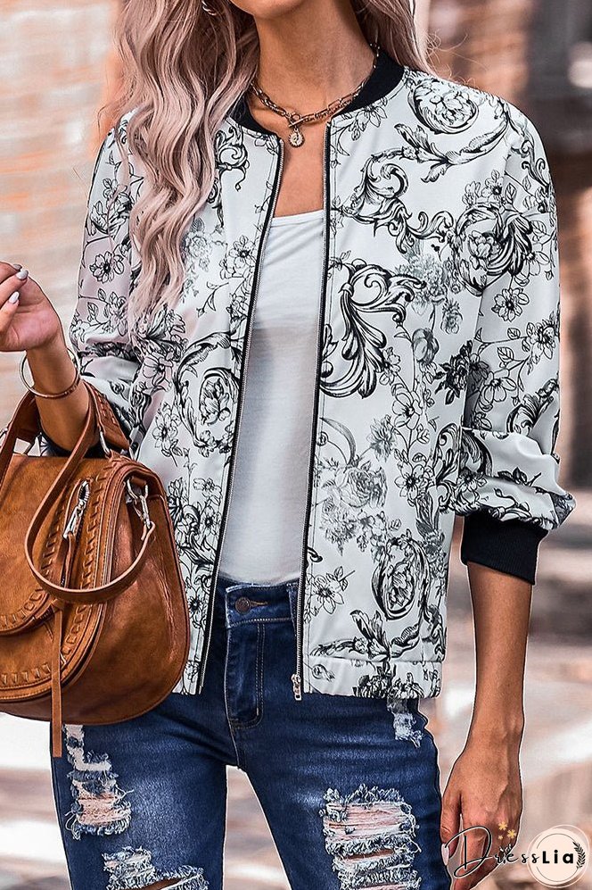 Floral Print Zipper Jacket Coat