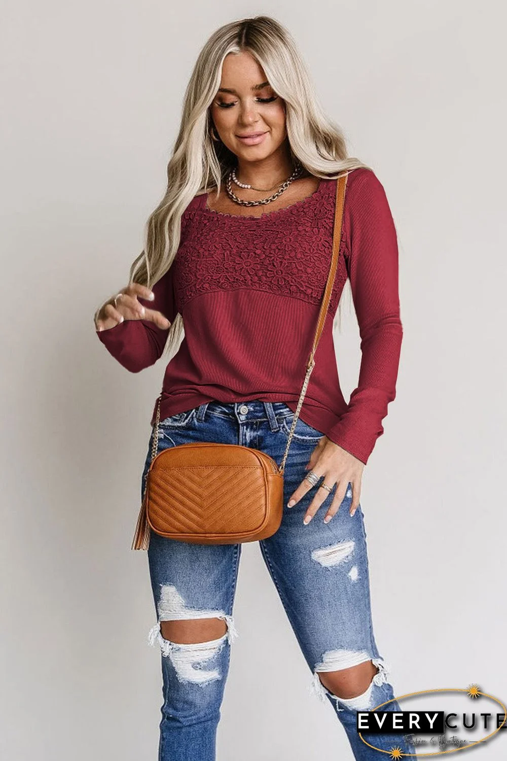 Red Lace Crochet V Neck Long Sleeve Top