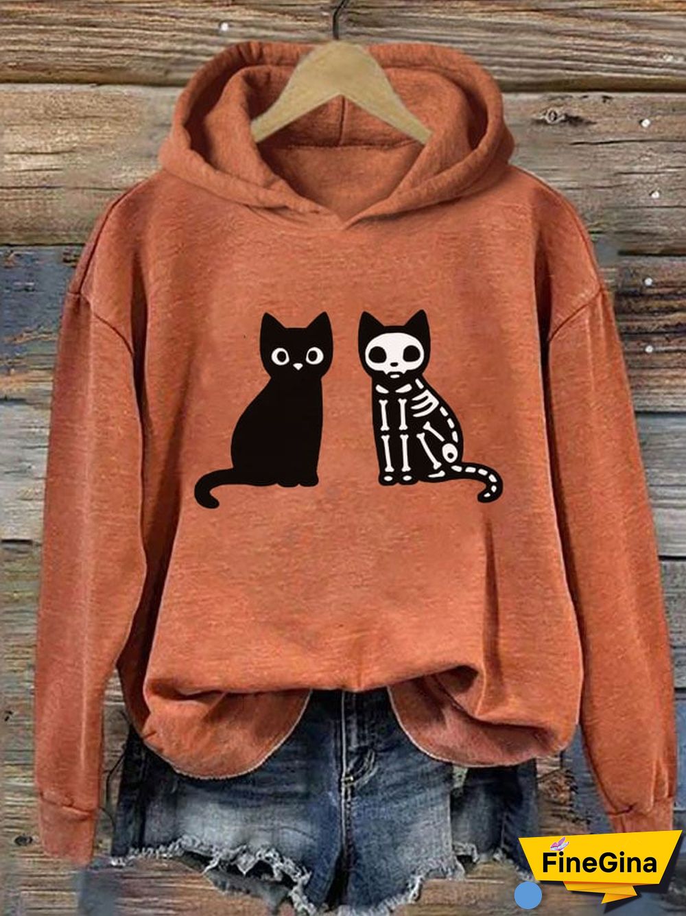 Women's Black Cat Halloween Print Hoodie