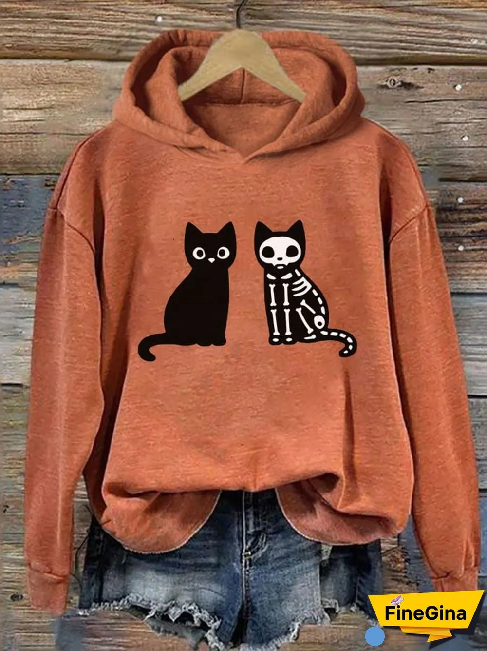 Women's Black Cat Halloween Print Hoodie